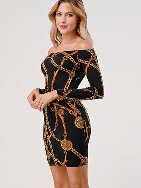 Decree Black Off-Shoulder Chain-Print Bodycon Dress